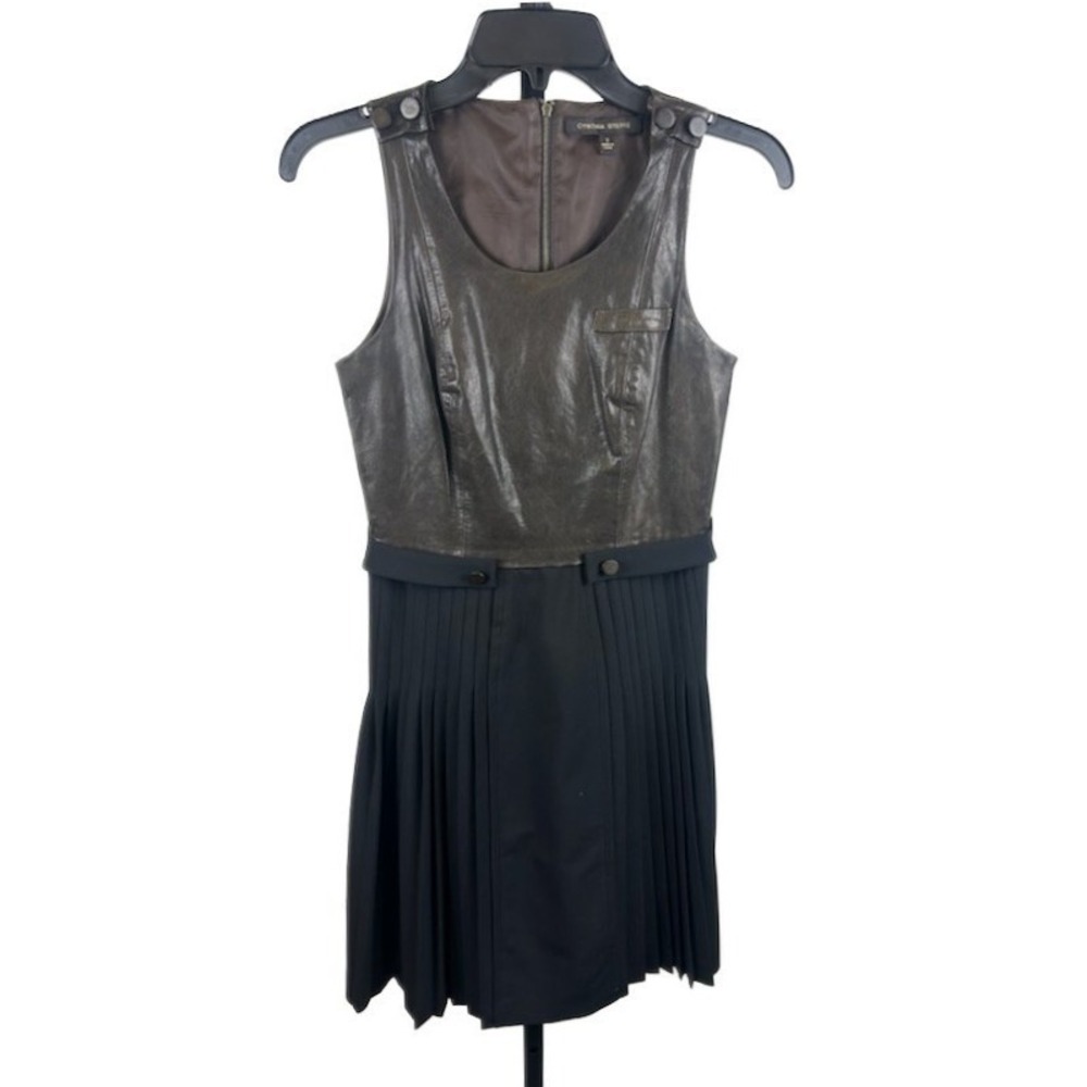 Cynthia Steffe Lambskin Leather Pleated Dress Sleeveless Black Wool Blend Size 2